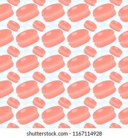 Trendy seamless pattern with mugs and macaroon. Strawberry cake on blue background. Vector illustration