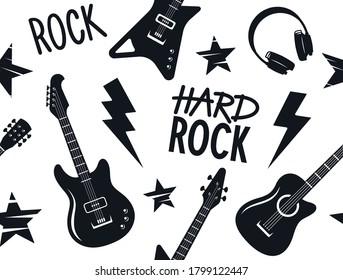 Trendy seamless pattern with musical instruments. Seamless rock music background