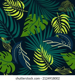 Trendy seamless pattern in natural green tones, abstract tropical leaves, shapes, flowers, hand drawn, vector 