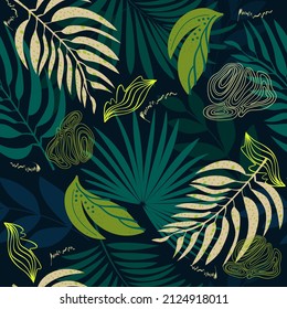 Trendy seamless pattern in natural green tones, abstract tropical leaves, shapes, flowers, hand drawn, vector 