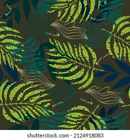 Trendy seamless pattern in natural green tones, abstract tropical leaves, shapes, flowers, hand drawn, vector 