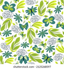 Trendy seamless pattern in natural green tones, abstract tropical leaves, shapes, flowers, hand drawn, vector 
