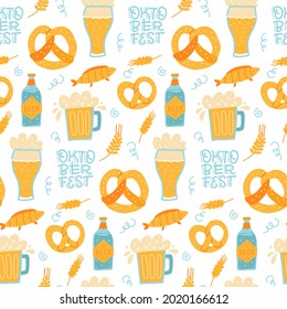 Trendy seamless pattern of oktoberfest lettering, pretzels and beer mugs. Flat hand drawn illustration.