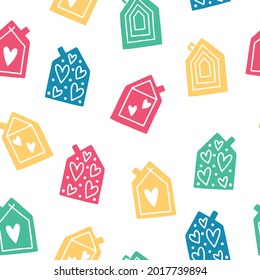 Trendy seamless pattern with original cute cartoon houses in a whimsical childlike style. Vector illustration isolated on white background. Perfect for baby kid fabric print