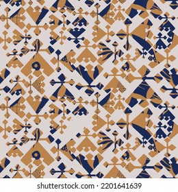Trendy Seamless pattern in patchwork style. Embroidered print for carpet, rug, scarf, cloth, textile, wallpaper, wrapping paper. Ethnic and tribal motifs. Handwork. Vector illustration. Tile design. 