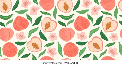 Trendy seamless pattern with peaches. Fruit background with hand drawn peaches, flowers and leaves. Modern abstract design for paper, cover, fabric. Vector illustration.