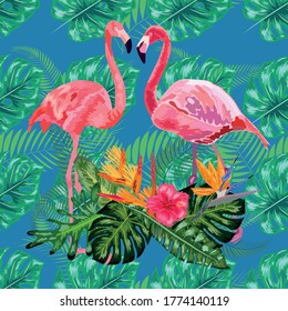 Trendy seamless pattern pink flamingo birds couple. Bright camelia flowers. Tropical monstera philodendron green leaves.