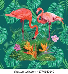 Trendy seamless pattern pink flamingo birds couple. Bright camelia flowers. Tropical monstera philodendron green leaves.