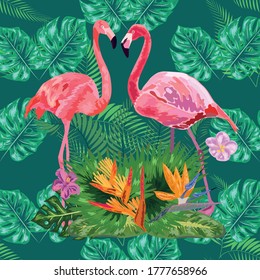 Trendy nahtlose Muster rosa Flamingo Vögel Paar. Helle Kamelien blühen. Tropische monstera philodendron grüne Blätter.