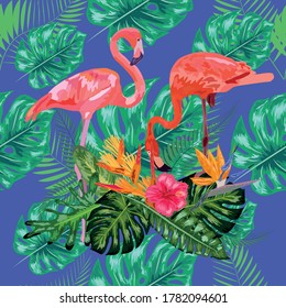 Trendy seamless pattern pink flamingo birds couple. Bright camelia flowers. Tropical monstera philodendron green leaves.