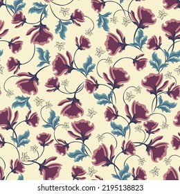 Patrón de moda sin fisuras con plantas similares a peonía, clavel, pétalos de amapola. Beige, violeta, azul.  Ilustración vectorial. Tejidos modernos, marca, embalaje, papel pintado, tejidos