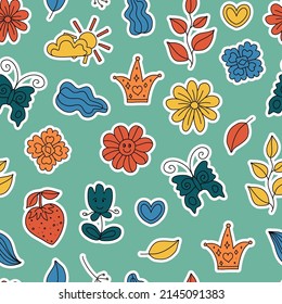 Trendy nahtlose Muster mit Positive, Groovy, Hippie Sticker. Retro 60er, 70er Jahre Stil. Hintergrund, Tapete, Stoffdesign für Kinder, Kinder. Cartoon Muster Design. 