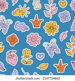 Trendy seamless pattern with Positive, Groovy, Hippie style stickers. Retro 60s, 70s style. Background, wallpaper, textile design for children, kids. Cartoon pattern design. 