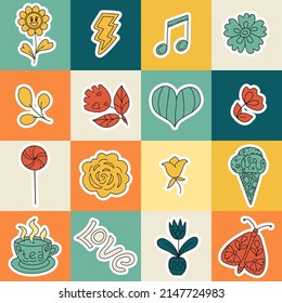 Trendy seamless pattern with Positive, Groovy, Hippie style stickers. Retro 60s, 70s style. Background, wallpaper, textile design for children, kids. Cartoon pattern design. 