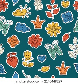 Trendy seamless pattern with Positive, Groovy, Hippie style stickers. Retro 60s, 70s style. Background, wallpaper, textile design for children, kids. Cartoon pattern design. 