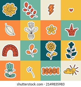 Trendy seamless pattern with Positive, Groovy, Hippie style stickers. Retro 60s, 70s style. Background, wallpaper, textile design for children, kids. Cartoon pattern design. 
