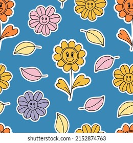 Trendy seamless pattern with Positive, Groovy, Hippie style stickers. Retro 60s, 70s style. Background, wallpaper, textile design for children, kids. Cartoon pattern design. Blue background