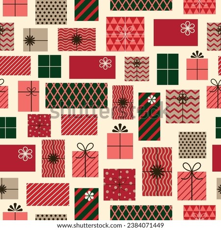 Trendy seamless pattern of presents and gift boxes. Flat style, simple shapes and vintage colours. Christmas New Year design. Birthday wrapping paper