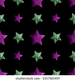Trendy seamless pattern with purple and green polygonal stars on the black background. Ornament for cards, invitations, scrapbook, wrapping paper, packets, diapers, pajamas. Vector illustration