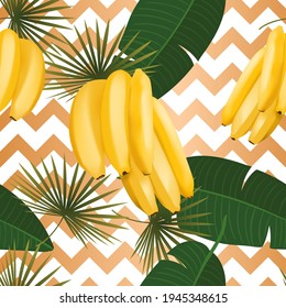 Trendfarbenes, nahtloses Muster mit realistischem Bananenbrot und tropischen Blättern. Vektorgrafik