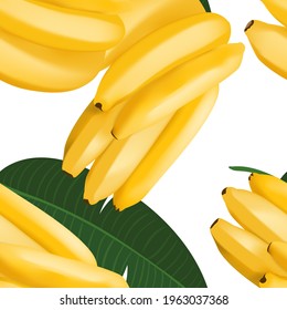 Trendy seamless pattern with realistic banana bunch and tropical leaves. Vector realistic illustration