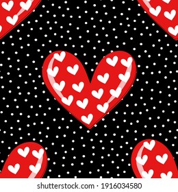 Trendy seamless pattern of red hearts on black for festive romantic wrapping paper, fabric, textile, bed linen, covers. Valentine's day template. Vector illustration.