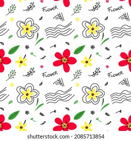 Trendloses Muster mit kleinen Blumen in Rot und Gelb und handgezeichnet gezeichneten Linienelementen. Vektorgrafik für Textil, Verpackung und Dekoration.