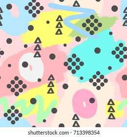 Trendy seamless pattern. Repeating brushstrokes and geometric shapes. Watercolour, sketch, ink. Pink, black, green, blue, white colour. Vector illustration.