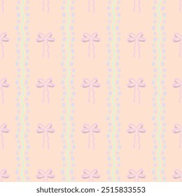 Trendy seamless pattern with ribbon bows and small flowers. Pink gift bows. Vector background for textile and packaging. 