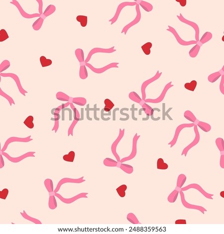 Trendy seamless pattern with ribbon bows and red hearts.