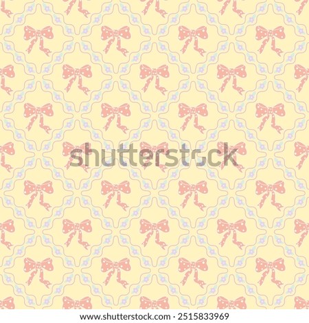 Trendy seamless pattern with ribbon bows and small flowers. Pink gift bows. Vector background for textile and packaging. 