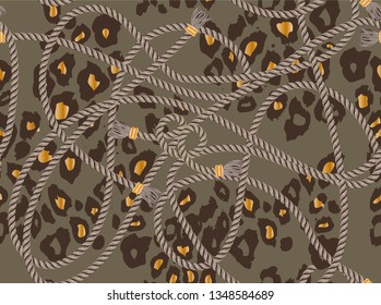 Trendy seamless pattern with ropes and tassel on leopard skin. Vector Illustration