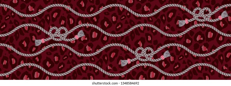 Trendy seamless pattern with ropes and tassel on leopard skin. Vector Illustration