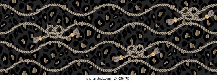 Trendy seamless pattern with ropes and tassel on leopard skin. Vector Illustration