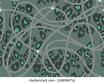 Trendy seamless pattern with ropes and tassel on leopard skin. Vector Illustration