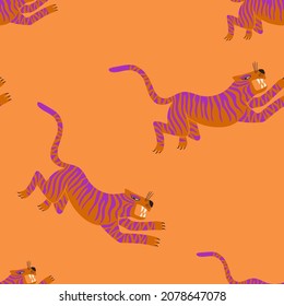 Trendy seamless pattern with running tigers. Funky fabric design. Colorful exotic wallpaper or gift wrap.