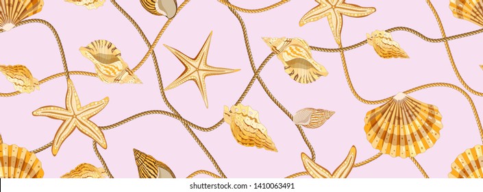 Trendy seamless pattern with seashells. Golden shells, starfish and waves of rope on a pink background. Ornament with sea elements