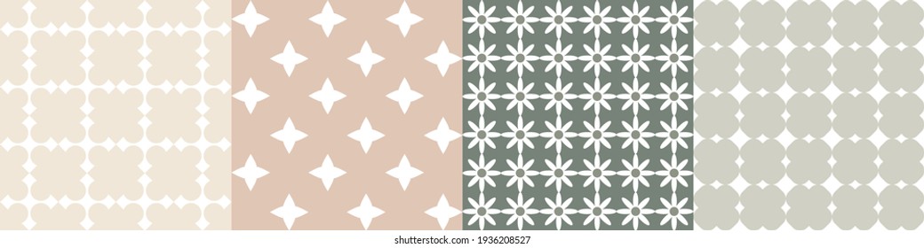 Trendy seamless pattern set. Abstract geometric and floral patterns. Pastel organic colors: champagne, dusty pink, olive, sea foam green, dark green. For fabrics, home decor, quilting, scrapbooking