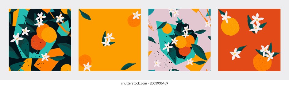 Trendy Seamless pattern set. Contemporary art collage of oranges with blossom flowers, leaves and geometric forms. Modern minimal design for print, paper, packaging, cover, fabric, interior decor