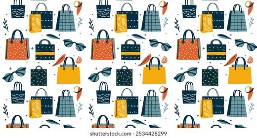 
Trendy seamless pattern with shopping bags in vector style with creative design, bright colors such as yellow, orange and dark blue, surrounded by plants and accessories to create a fashionable look