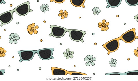 Padrão moderno sem emenda mostrando uma variedade divertida de óculos de sol coloridos e flores pequenas espalhadas em um fundo branco nítido perfeito para a moda de verão.