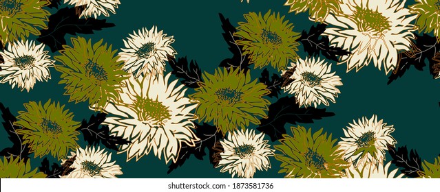 Trendy nahtlose Muster mit Silhouetten von Blumen Chrysanthemum in voller Blüte. Frische Blumenvektor in Modefarbe auf Gewässer grün. Handgezeichnete Elemente für Textilien, Gewebe, Tapeten.