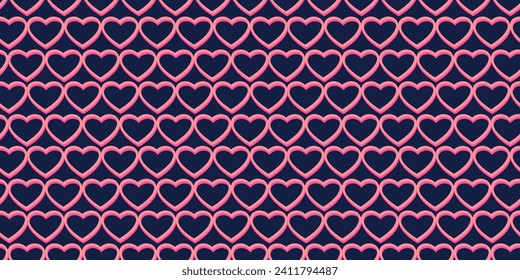 Trendy seamless pattern with simple shape hearts on a black back. Vector hand drawn. Print geometric hearts silhouettes outline. Valentine, love background. Design for textile, fashion, surface design