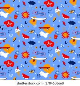 Trendy seamless pattern with skateboard, penny board, sunglasses, watermelon and ice cream. Vector elements of summer fun. Texture for gift paper, wallpaper, fabric, cover. Using clipping mask.