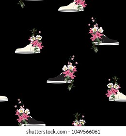 Trendy seamless pattern  sneaker used as blooming flower pots in vector illustrations drawing style on black bakground