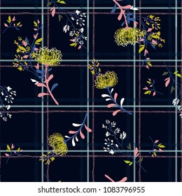 Trendy  seamless pattern spring branch delicate and beautiful wild blooming flowers vector pattern with dark check or grid check for fashion ,wallpaper ,book ETC on navy blue.