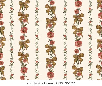 Moda Padrão sem emenda de arcos de coquette listrado e cor de fundo de fita de Rose Vine Illustration. Design para moda, tecido, têxtil, papel de parede, embalagem e todas as impressões