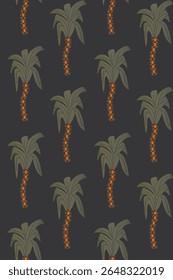 Trendy seamless pattern of stylized palm trees on a dark background. Perfect for modern interiors, fashion, or digital designs seeking a sophisticated tropical vibe. Hand
