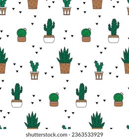 Trendy nahtlose Muster mit Sukkulenten. Handgezeichnete Kaktus und Sansevieria auf weißem Hintergrund. Vektorgrafik