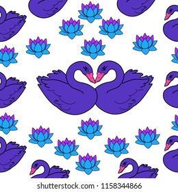 Trendy seamless pattern with swans. Night lake art background. Fashion design for fabric, wallpaper, textile and decor.